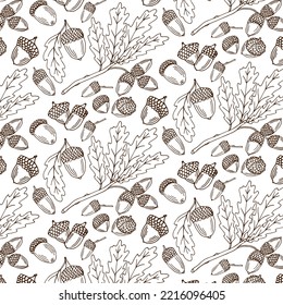 Seamless vector pattern with autumn leaves. Oak leaf and acorn drawing. Hand drawn detailed botanical background. Vintage fall seasonal decor.