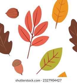 Seamless vector pattern with autumn leaves and acorns. Embrace the beauty of fall with this nature-inspired design. Can be used for wrapping paper design, as a pattern for textile.