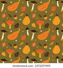 seamless vector pattern with autumn leaves, pumpkins, mushrooms, acorn, stars. Fall season maple leaf, fungi, toadstool illustration art