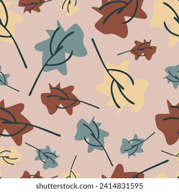 Seamless vector pattern with autumn leaves on light pink background. Simple seasonal wallpaper design. Decorative colourful forest fashion textile.