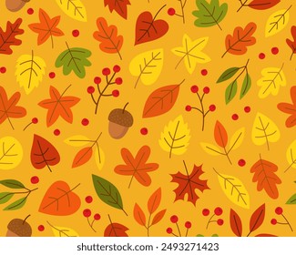 Seamless vector pattern with autumn leaves. Autumn leaves, berries, acorns. Yellow background. October, fall.