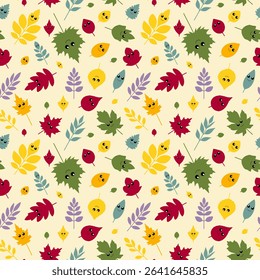 Seamless vector pattern of autumn leaves from different trees with cute cartoon eyes and funny faces. Includes oak, maple, birch, chestnut and ash leaves. Flat kawaii style, bright colors