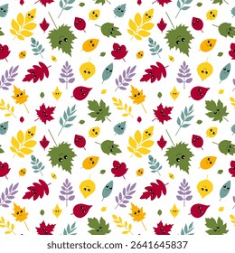 Seamless vector pattern of autumn leaves from different trees with cute cartoon eyes and funny faces. Includes oak, maple, birch, chestnut and ash leaves. Flat kawaii style, bright colors
