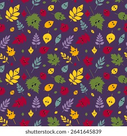 Seamless vector pattern of autumn leaves from different trees with cute cartoon eyes and funny faces. Includes oak, maple, birch, chestnut and ash leaves. Flat kawaii style, bright colors