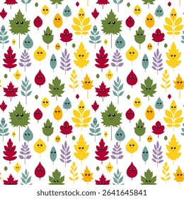 Seamless vector pattern of autumn leaves from different trees with cute cartoon eyes and funny faces. Includes oak, maple, birch, chestnut and ash leaves. Flat kawaii style, bright colors