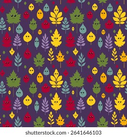 Seamless vector pattern of autumn leaves from different trees with cute cartoon eyes and funny faces. Includes oak, maple, birch, chestnut and ash leaves. Flat kawaii style, bright colors