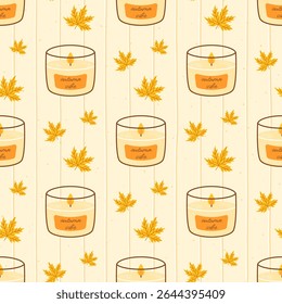 Seamless vector pattern with autumn leaves, candles, and warm vibe. Cozy fall design perfect for textiles, wrapping paper, and seasonal childrens products.