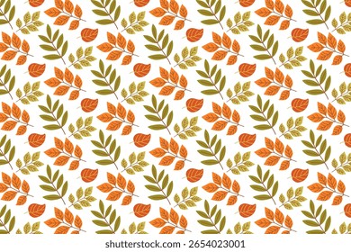 Seamless vector pattern of autumn leaves in orange and green hues. This illustration showcases a repetitive design suitable for backgrounds, textiles, and seasonal projects.