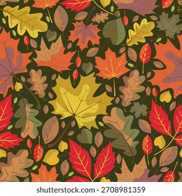 Seamless vector pattern of autumn leaves of various tree species, including maple, oak, birch. Multicolored autumn leaves in warm seasonal tones, seamless vector texture