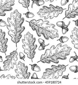 Seamless vector pattern with autumn leaves. Oak leaf and acorn drawing. Hand drawn detailed botanical background.  Vintage fall seasonal decor.