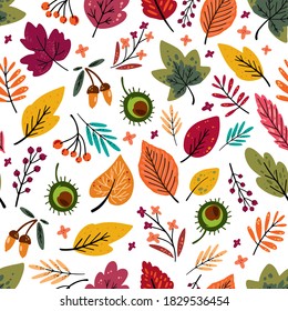 Nahtlose Vektormuster mit Herbstblättern.Acorns.Blumen. Perfekt für Tapete, Geschenkpapier, Muster Füllungen, Web-Hintergrund, Herbstgrußkarten. Skandinavisches Design. Weißer Hintergrund. Trendy