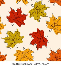 Seamless vector pattern with of autumn maple leaves line art flat style. Fall background, wallpaper.
