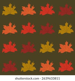 Seamless vector pattern of autumn maple leaves in warm colors (red, orange, yellow) on a dark green background. Ideal for fall-themed designs, textiles, and wrapping paper.