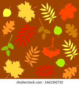 Seamless vector pattern. Autumn mood. Different leaves, acorns and berries.