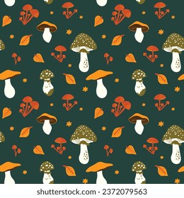 Seamless vector pattern with autumn mushrooms and leaves, cute hand-drawn seasonal fungi set illustration, fly agaric, toadstool fungus