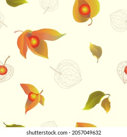 Seamless vector pattern with autumn physalis on a pale yellow light background.