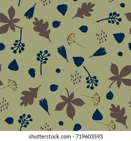 Seamless vector pattern with autumn plants seeds and leaves. Autumn background for backdrop, textile, wrapping paper. Hand drawn illustration