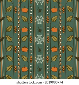 Seamless vector pattern with autumn pumpkin and leaf on green background. Simple Halloween stripe wallpaper design. Decorative holiday fashion textile.