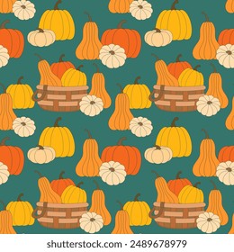 Seamless vector pattern of autumn pumpkin harvest on dark blue background, design for textile print, wallpaper, packaging. 