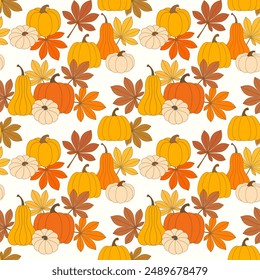 Seamless vector pattern of autumn pumpkins and fall foliage on white background, design for textile print, wallpaper, packaging. 