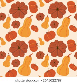 Seamless vector pattern of autumn pumpkins, squashes  and gourds in fall colors. Bright flat design for autumnal, harvest, and Thanksgiving backgrounds and prints.