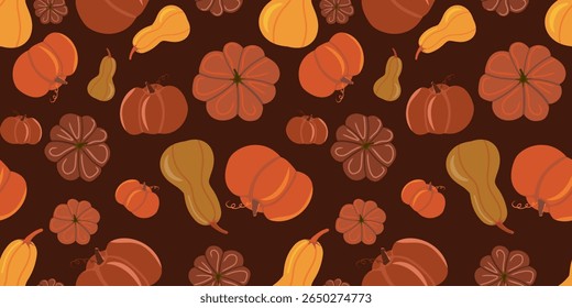 Seamless vector pattern of autumn pumpkins and gourds on dark brown, perfect for cozy kitchen textiles, fall dining decor, and seasonal home accents.