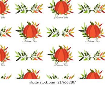 Seamless vector pattern autumn time. pumpkin and autumn leaves