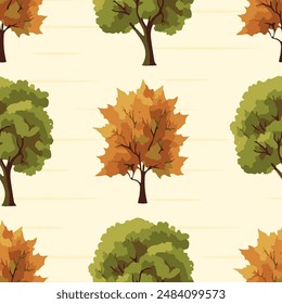 Seamless vector pattern of autumn trees and leaves. Perfect for fall-themed designs, wallpapers, fabrics, seasonal projects.