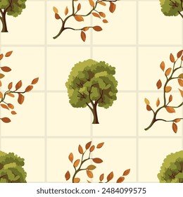 Seamless vector pattern of autumn trees and leaves. Perfect for fall-themed designs, wallpapers, fabrics, seasonal projects.