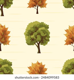 Seamless vector pattern of autumn trees and leaves. Perfect for fall-themed designs, wallpapers, fabrics, seasonal projects.
