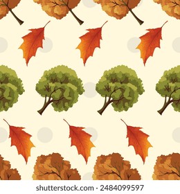 Seamless vector pattern of autumn trees and leaves. Perfect for fall-themed designs, wallpapers, fabrics, seasonal projects.