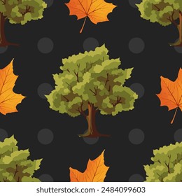 Seamless vector pattern of autumn trees and leaves. Perfect for fall-themed designs, wallpapers, fabrics, seasonal projects.