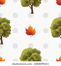 Seamless vector pattern of autumn trees and leaves. Perfect for fall-themed designs, wallpapers, fabrics, seasonal projects.