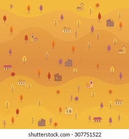 Seamless vector pattern. Autumn village, town, yellowed trees. Red, orange, yellow, autumn trees. Autumn time.