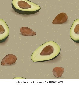 Seamless vector pattern with avocado halves and bones on a brown background.