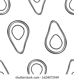 Seamless vector pattern with avocado. Hand drawn black and white illustration. Endless background. For kitchen, printing on textiles, phone case. Design for fabric and decor.