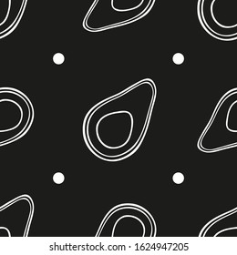 Seamless vector pattern with avocado. Hand drawn black and white illustration. Endless background. For kitchen, printing on textiles, phone case. Design for fabric and decor.