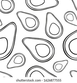 Seamless vector pattern with avocado. Hand drawn black and white illustration. Endless background. For kitchen, printing on textiles, phone case. Design for fabric and decor.