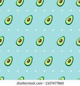 Seamless vector pattern with avocado and hearts on a blue background.