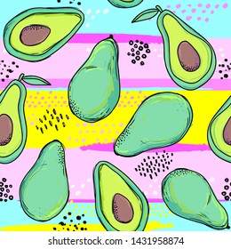 Seamless vector pattern with avocado on colorful background. Hand drawing summer print