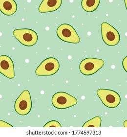 Seamless vector pattern Avocado on polka dot background Hand drawn in cartoon style Fruit pattern for Fabrics, textiles, wallpapers