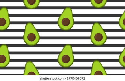 Seamless vector pattern with avocado on striped background. Suitable for the design of textile fabric, wrapping paper, and wallpaper for websites. Vector illustration. 