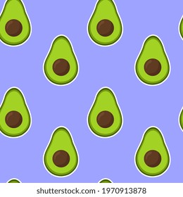 Seamless vector pattern with avocado on a blue background  Suitable for the design of textile fabric, wrapping paper, and wallpaper for websites. Vector illustration.