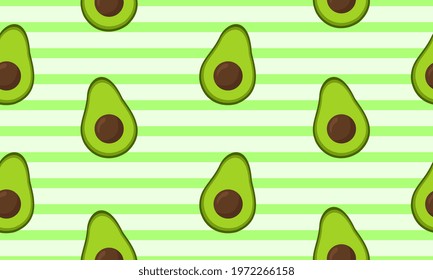 Seamless vector pattern with avocado on striped background. Suitable for the design of textile fabric, wrapping paper, and wallpaper for websites. Vector illustration. 