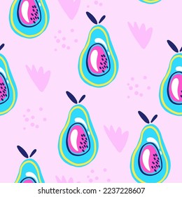 Seamless vector pattern with avocado on pink background. Hand drawing summer fruits print