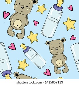 Seamless vector pattern with baby bottle, soother and bear toy on blue background. Wallpaper, fabric and textile design. Good for printing. Cute wrapping paper pattern.