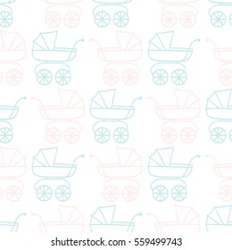 Seamless vector pattern with baby carriage for baby shower. Perfect for wrapping paper, wallpaper, repeating elements, vintage design, notebook cover, fabric clothes design.