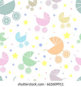 Seamless vector pattern with baby carriage, stars and dots