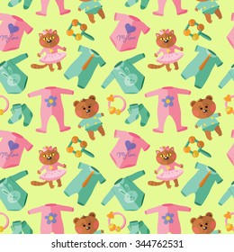 Seamless vector pattern with baby clothes, bootees, rattles and toys.