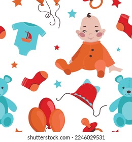 Seamless vector pattern. Baby and different baby things.